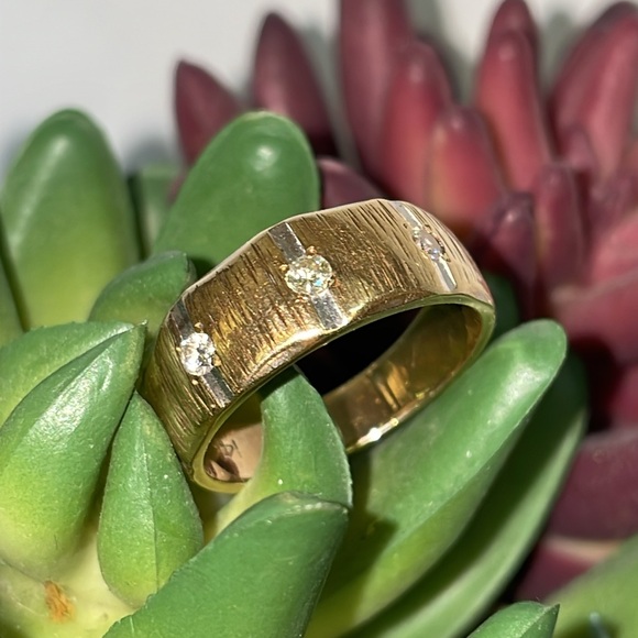 Solid Stamped 14K Yellow Gold Natural Diamond Vintage Textured Modern Band Ring - Picture 7 of 17
